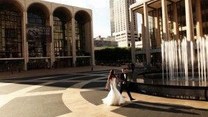 Wedding couple walking in Lincoln Center